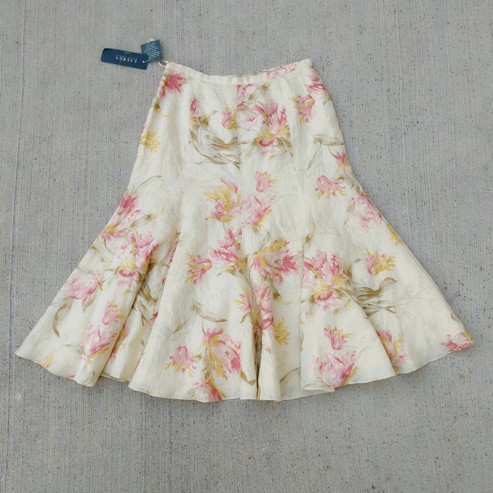 Vtg 90s Ralph Lauren Linen Floral Flounce Trumpet Skirt 6